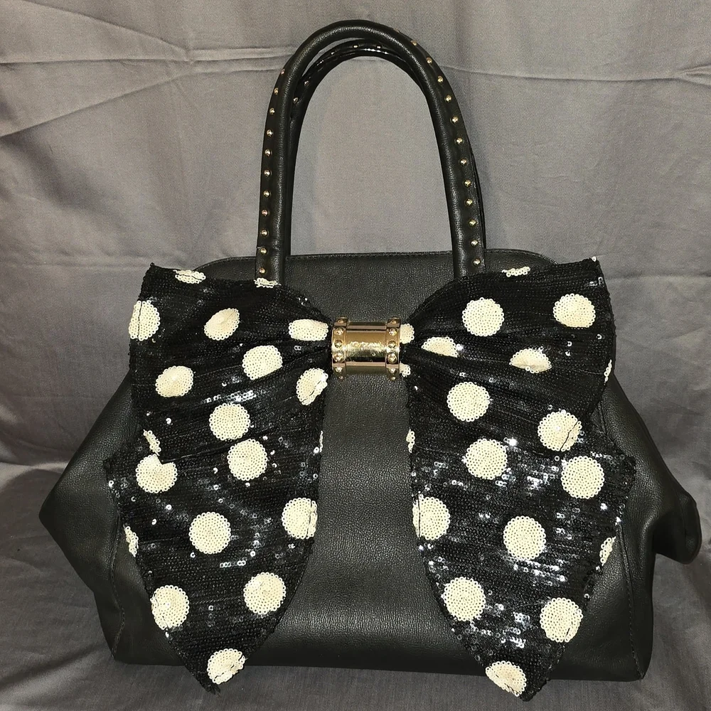 Betsey Johnson Black Satchel with White Polka Dot Bow - Picture 1 of 3